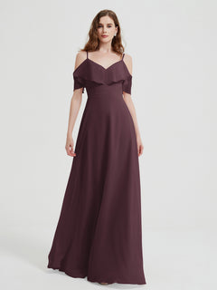 Spaghetti Straps V-neck Chiffon Long Dresses-Cabernet