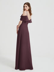 Spaghetti Straps V-neck Chiffon Long Dresses-Cabernet