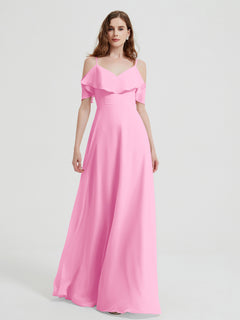 Spaghetti Straps V-neck Chiffon Long Dresses-Candy Pink Plus Size