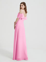 Spaghetti Straps V-neck Chiffon Long Dresses-Candy Pink