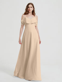 Spaghetti Straps V-neck Chiffon Long Dresses-Champagne Plus Size