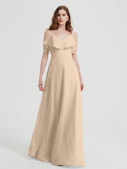 Spaghetti Straps V-neck Chiffon Long Dresses-Champagne