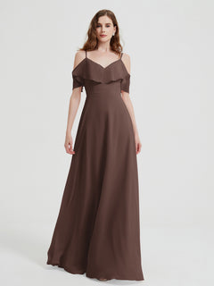 Spaghetti Straps V-neck Chiffon Long Dresses-Chocolate