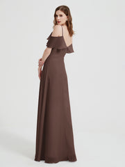 Spaghetti Straps V-neck Chiffon Long Dresses-Chocolate