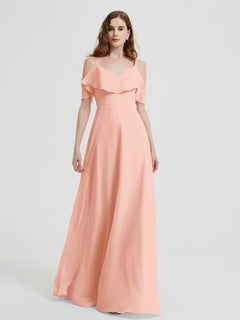 Spaghetti Straps V-neck Chiffon Long Dresses-Coral