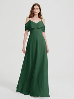 Spaghetti Straps V-neck Chiffon Long Dresses-Dark Green