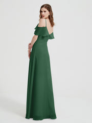 Spaghetti Straps V-neck Chiffon Long Dresses-Dark Green
