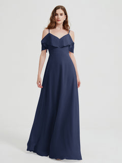 Spaghetti Straps V-neck Chiffon Long Dresses-Dark Navy Plus Size