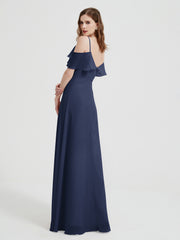 Spaghetti Straps V-neck Chiffon Long Dresses-Dark Navy