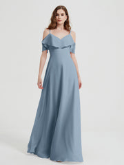 Spaghetti Straps V-neck Chiffon Long Dresses-Dusty Blue