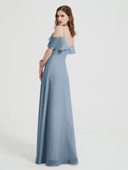 Spaghetti Straps V-neck Chiffon Long Dresses-Dusty Blue