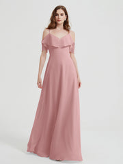 Spaghetti Straps V-neck Chiffon Long Dresses-Dusty Rose