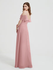 Spaghetti Straps V-neck Chiffon Long Dresses-Dusty Rose