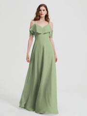 Spaghetti Straps V-neck Chiffon Long Dresses-Dusty Sage
