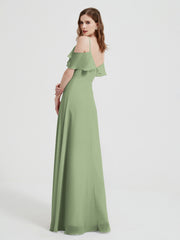Spaghetti Straps V-neck Chiffon Long Dresses-Dusty Sage