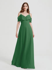 Spaghetti Straps V-neck Chiffon Long Dresses-Emerald