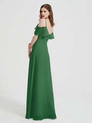 Spaghetti Straps V-neck Chiffon Long Dresses-Emerald