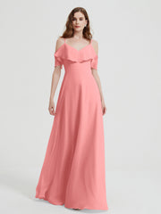 Spaghetti Straps V-neck Chiffon Long Dresses-Flamingo