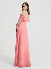 Spaghetti Straps V-neck Chiffon Long Dresses-Flamingo