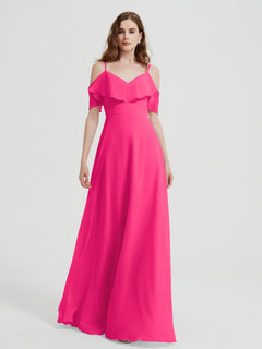 Spaghetti Straps V-neck Chiffon Long Dresses-Fuchsia