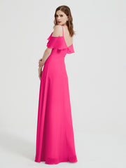 Spaghetti Straps V-neck Chiffon Long Dresses-Fuchsia