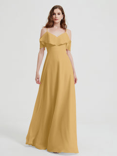 Spaghetti Straps V-neck Chiffon Long Dresses-Gold