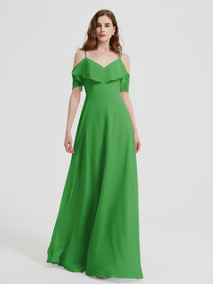 Spaghetti Straps V-neck Chiffon Long Dresses-Green