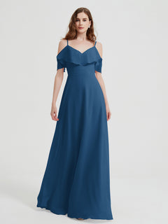 Spaghetti Straps V-neck Chiffon Long Dresses-Ink Blue