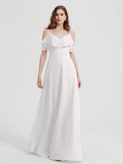 Spaghetti Straps V-neck Chiffon Long Dresses-Ivory