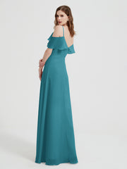 Spaghetti Straps V-neck Chiffon Long Dresses-Jade