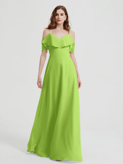 Spaghetti Straps V-neck Chiffon Long Dresses-Lime Green