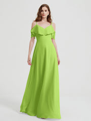 Spaghetti Straps V-neck Chiffon Long Dresses-Lime Green