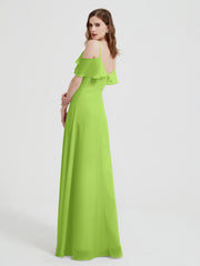 Spaghetti Straps V-neck Chiffon Long Dresses-Lime Green