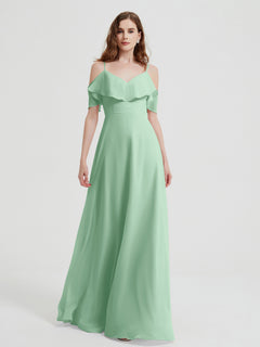 Spaghetti Straps V-neck Chiffon Long Dresses-Mint Green