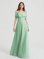 Spaghetti Straps V-neck Chiffon Long Dresses-Mint Green