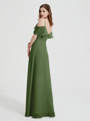 Spaghetti Straps V-neck Chiffon Long Dresses-Moss