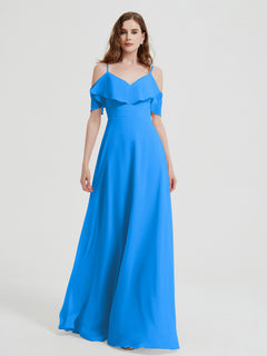 Spaghetti Straps V-neck Chiffon Long Dresses-Ocean Blue Plus Size