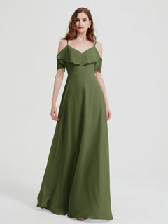 Spaghetti Straps V-neck Chiffon Long Dresses-Olive Green Plus Size