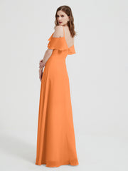 Spaghetti Straps V-neck Chiffon Long Dresses-Orange