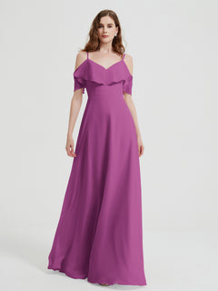 Spaghetti Straps V-neck Chiffon Long Dresses-Orchid Plus Size