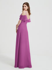 Spaghetti Straps V-neck Chiffon Long Dresses-Orchid