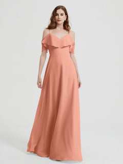 Spaghetti Straps V-neck Chiffon Long Dresses-Papaya