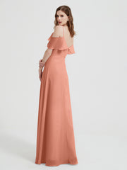 Spaghetti Straps V-neck Chiffon Long Dresses-Papaya