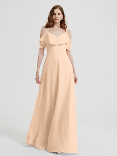 Spaghetti Straps V-neck Chiffon Long Dresses-Peach