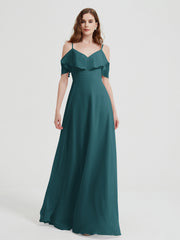 Spaghetti Straps V-neck Chiffon Long Dresses-Peacock