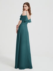 Spaghetti Straps V-neck Chiffon Long Dresses-Peacock