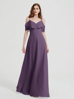 Spaghetti Straps V-neck Chiffon Long Dresses-Plum