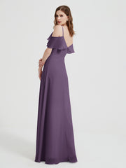 Spaghetti Straps V-neck Chiffon Long Dresses-Plum