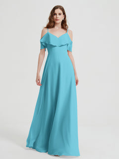 Spaghetti Straps V-neck Chiffon Long Dresses-Pool