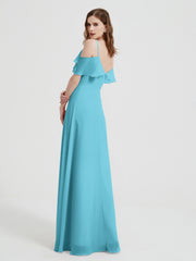 Spaghetti Straps V-neck Chiffon Long Dresses-Pool
